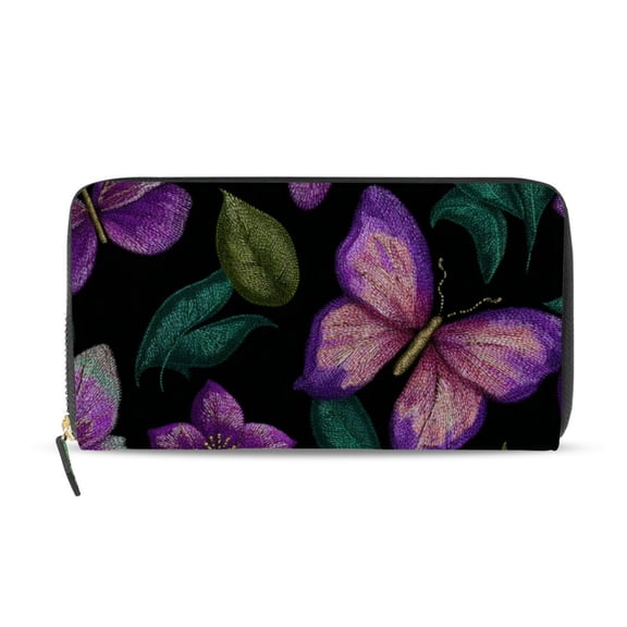 Colorful Thread Hand Sewn Butterflies Women's Long Zipper Wallet Bifold Clutch Purse PU Leather Card Cases