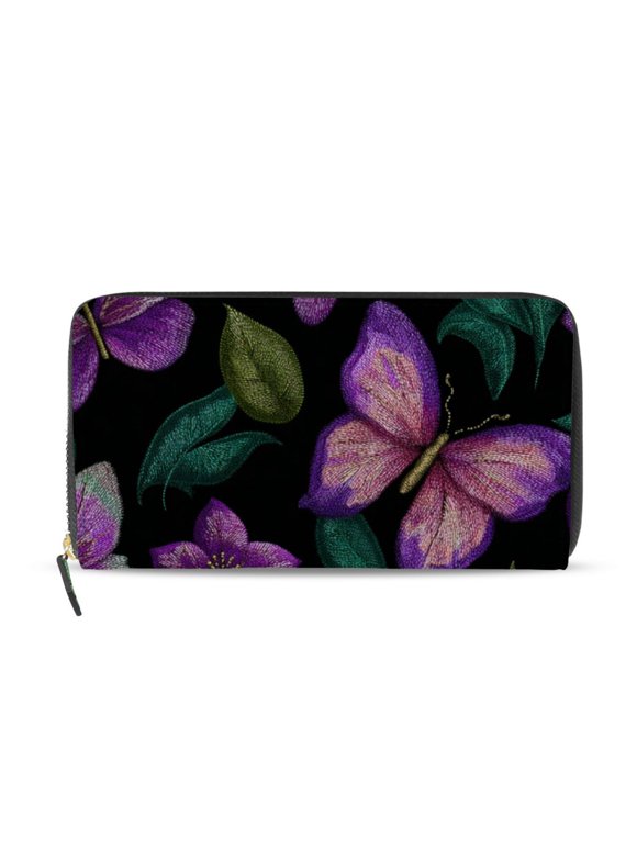 Colorful Thread Hand Sewn Butterflies Women's Long Zipper Wallet Bifold Clutch Purse PU Leather Card Cases