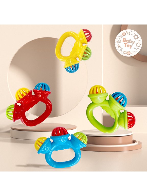 Colorful Three Bell Baby Rattle Toys, Easy Grasp Ring Handle, BPA Free Safe Plastic, Infant Sensory Teething Toys, Early Educational Hand Shaking Developmental Toys, for Newborn Boy Girl Gifts