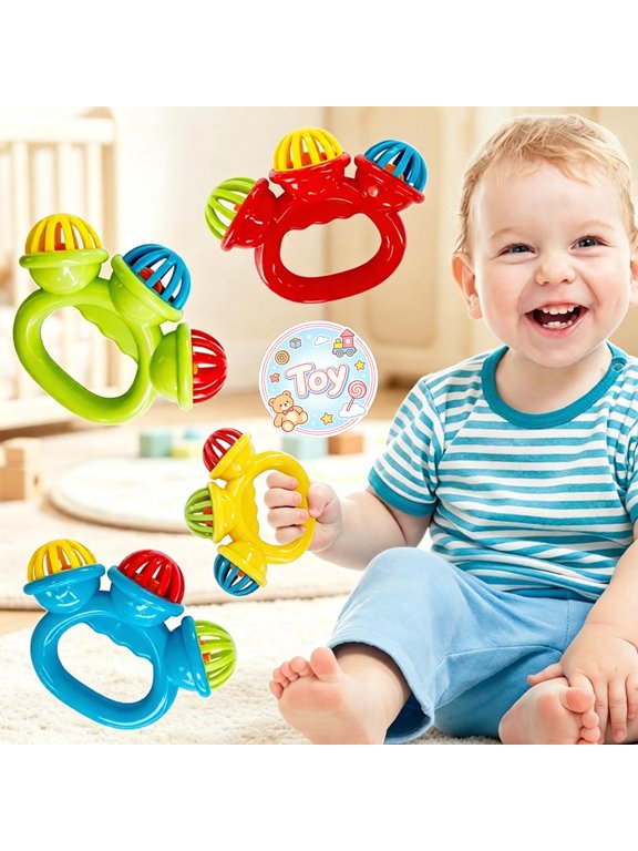 Colorful Three Bell Baby Rattle Toys, Easy Grasp Ring Handle, BPA Free Safe Plastic, Infant Sensory Teething Toys, Early Educational Hand Shaking Developmental Toys, for Newborn Boy Girl Gifts