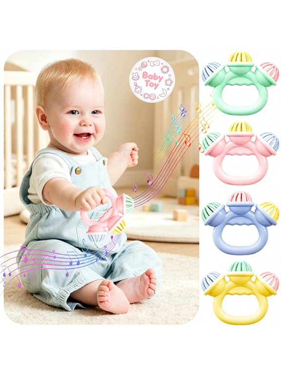 Colorful Three Bell Baby Rattle Toys, Easy Grasp Ring Handle, BPA Free Safe Plastic, Infant Sensory Teething Toys, Early Educational Hand Shaking Developmental Toys, for Newborn Boy Girl Gifts
