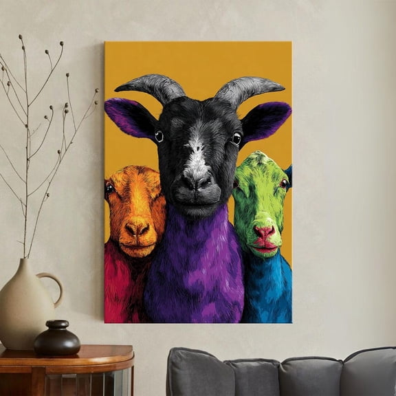 Colorful Three Goats Print Farm Animal Wall Art Pop Art Eclectic Room Decor, Unframed Canvas 8x10in