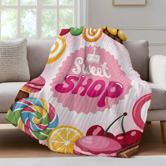 Colorful Throw Blanket for Couch Cake Sweet Shop Chocolate Sticks Fruit Soft and Warm Flannel 3D Striped Fuzzy Fleece Blanket Lightweight Throw for Bed, Sofa 50 x 60 Inches