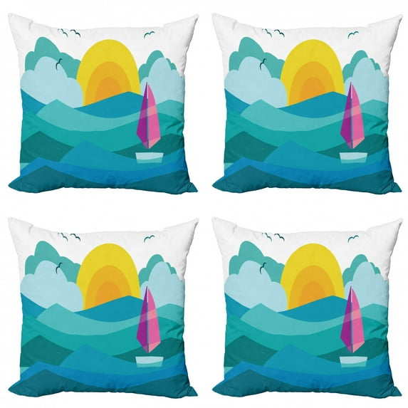 Ambesonne Colorful Throw Pillow Cover 4 Pack, Sunny Sea Sail Ship, 16", Multicolor