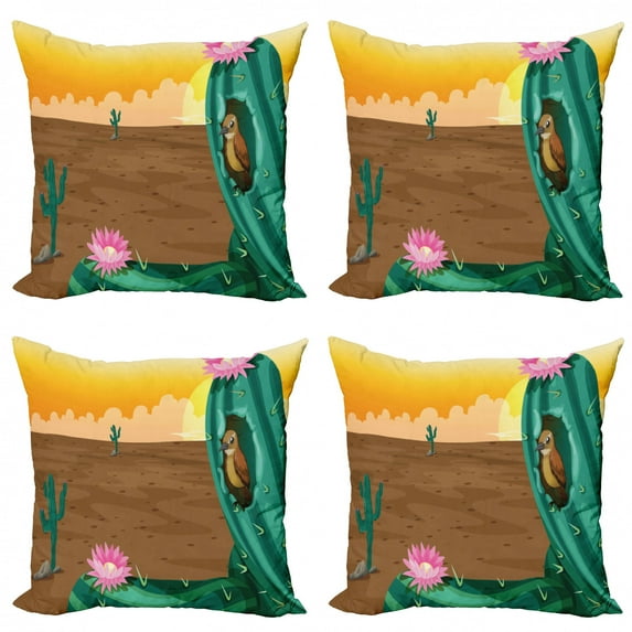 Ambesonne Colorful Throw Pillow Cover 4 Pack, Desert Cactus and Bird, 24", Multicolor