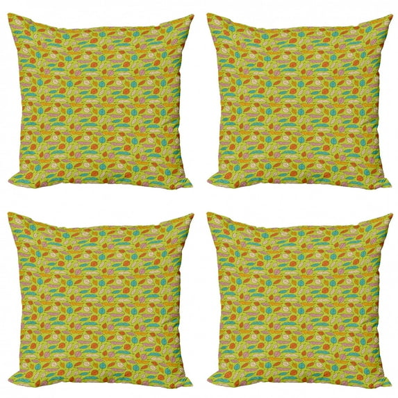 Colorful Throw Pillow Cushion Case Pack of 4, Falling Leaves of the Autumn Season Theme Foliage on Green Background, Modern Accent Double-Sided Print, 4 Sizes, Multicolor, by Ambesonne