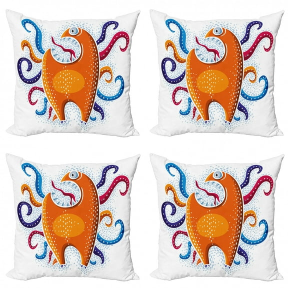 Colorful Throw Pillow Cushion Case Pack of 4, Colorful Funny and Surreal Monstrous Character with Tangles, Modern Accent Double-Sided Print, 4 Sizes, Multicolor, by Ambesonne