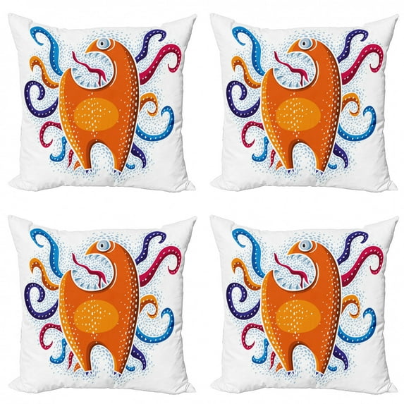 Colorful Throw Pillow Cushion Case Pack of 4, Colorful Funny and Surreal Monstrous Character with Tangles, Modern Accent Double-Sided Print, 4 Sizes, Multicolor, by Ambesonne