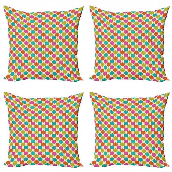 Colorful Throw Pillow Cushion Case Pack of 4, Geometric Arrangement with Oval Honeycomb Pattern Half Circles and Hexagon Shapes, Modern Accent Double-Sided Print, 4 Sizes, Multicolor, by Ambesonne