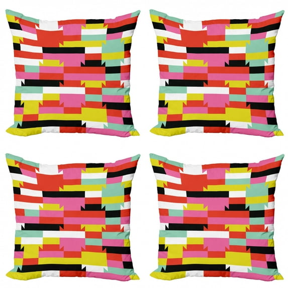 Colorful Throw Pillow Cushion Case Pack of 4, Geometric Bold Blocks with Lines Stripes Graphic Random Shapes in Pop Art Style, Modern Accent Double-Sided Print, 4 Sizes, Multicolor, by Ambesonne