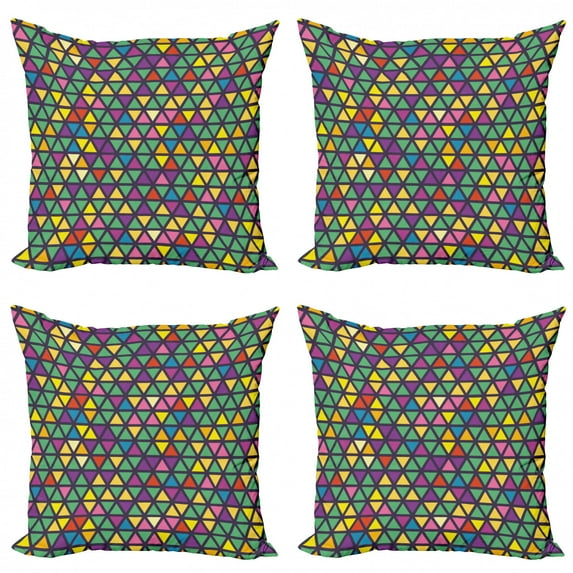 Colorful Throw Pillow Cushion Case Pack of 4, Grid Mosaic Composition with Triangles Abstract Tile Design Retro Style Inspired, Modern Accent Double-Sided Print, 4 Sizes, Multicolor, by Ambesonne