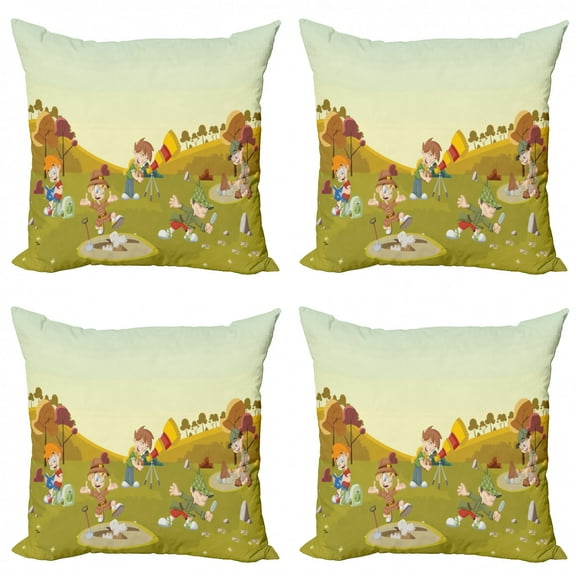 Colorful Throw Pillow Cushion Case Pack of 4, Group of Cartoon Explorer Boys on the Field Exploring Discovering Having Fun, Modern Accent Double-Sided Print, 4 Sizes, Multicolor, by Ambesonne