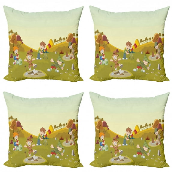 Colorful Throw Pillow Cushion Case Pack of 4, Group of Cartoon Explorer Boys on the Field Exploring Discovering Having Fun, Modern Accent Double-Sided Print, 4 Sizes, Multicolor, by Ambesonne