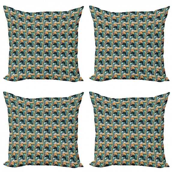 Colorful Throw Pillow Cushion Case Pack of 4, Grunge Style Composition Hand Drawn Modern Abstract Art Theme with Floral Elements, Modern Accent Double-Sided Print, 4 Sizes, Multicolor, by Ambesonne
