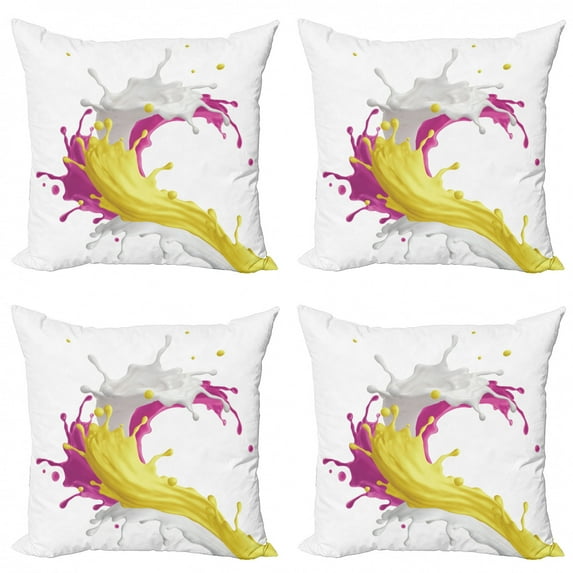 Colorful Throw Pillow Cushion Case Pack of 4, Mixed Fruit Drink Splash Photo Strawberry Banana Milk Fountain, Modern Accent Double-Sided Print, 4 Sizes, Pink Yellow and White, by Ambesonne