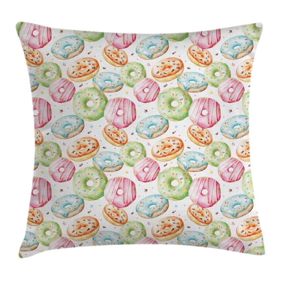Colorful Throw Pillow Cushion Cover, Delicious Watercolor Pattern with Doughnuts Hand Drawn Yummy Tasty Pastries Bakery, Decorative Square Accent Pillow Case, 18 X 18 Inches, Multicolor, by Ambesonne