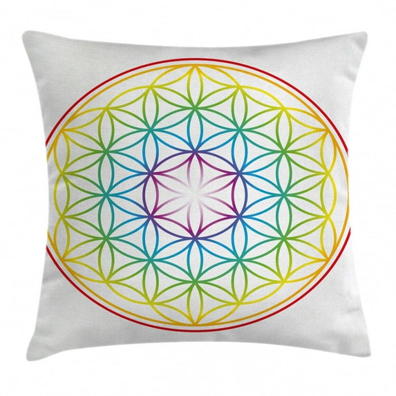Colorful Throw Pillow Cushion Cover, Flower of Life Pattern Radiant Colors Cosmic Dimension Space Forms Artful Print, Decorative Square Accent Pillow Case, 16 X 16 Inches, Multicolor, by Ambesonne