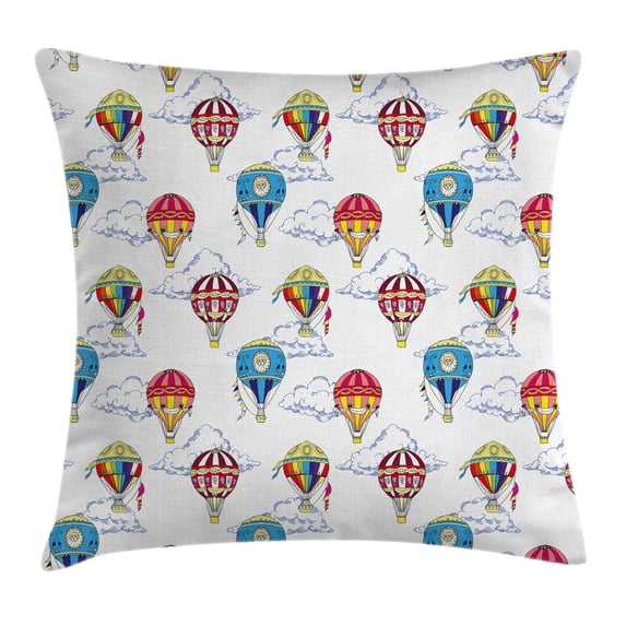Colorful Throw Pillow Cushion Cover, Hand Drawn Sketches Clouds and Hot Air Balloons Kids Playroom Nursery, Decorative Square Accent Pillow Case, 20 X 20 Inches, Multicolor, by Ambesonne