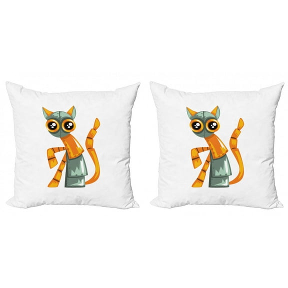 Colorful Throw Pillow Cushion Cover Pack of 2, Antique Cat Mechanical Device Robotic, Zippered Double-Side Digital Print, 4 Sizes, White Orange, by Ambesonne