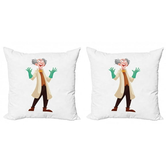 Colorful Throw Pillow Cushion Cover Pack of 2, Cartoon Style Mad Professor with Bushy Hair in a Lab Coat Gloves, Zippered Double-Side Digital Print, 4 Sizes, Charcoal Grey Multicolor, by Ambesonne