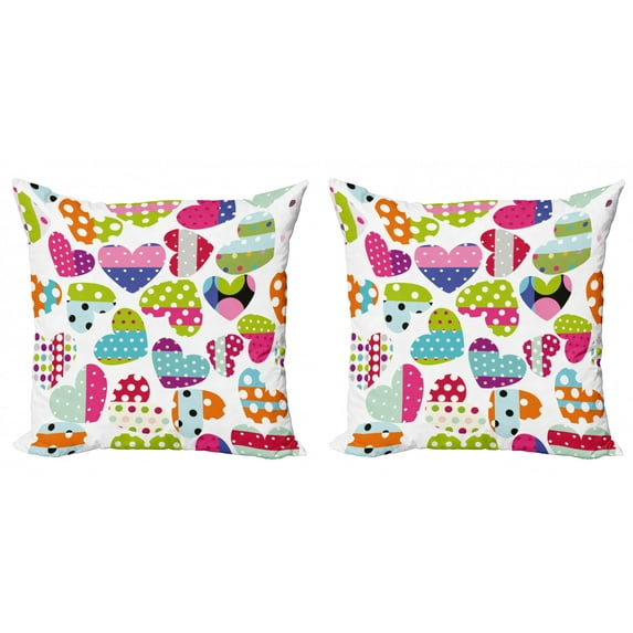 Ambesonne Colorful Throw Pillow Cover 2 Pack, Heart Patches and Dots, 18", Multicolor