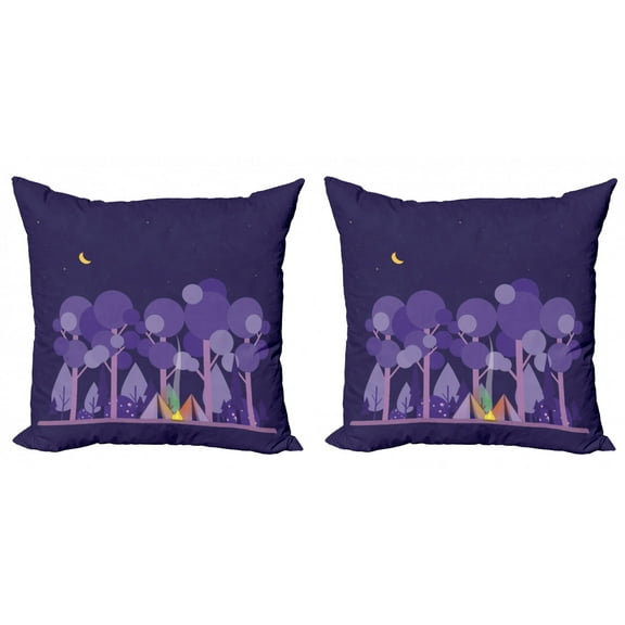 Ambesonne Colorful Throw Pillow Cover 2 Pack, Night at Campsite Scene, 18", Dark Purple Lilac Violet