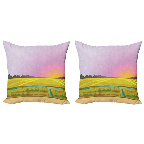 Colorful Throw Pillow Cushion Cover Pack of 2, Sunset Scenery and Landscape with a Small River and Reeds Grunge Look Countryside, Zippered Double-Side Digital Print, 4 Sizes, Multicolor, by Ambesonne