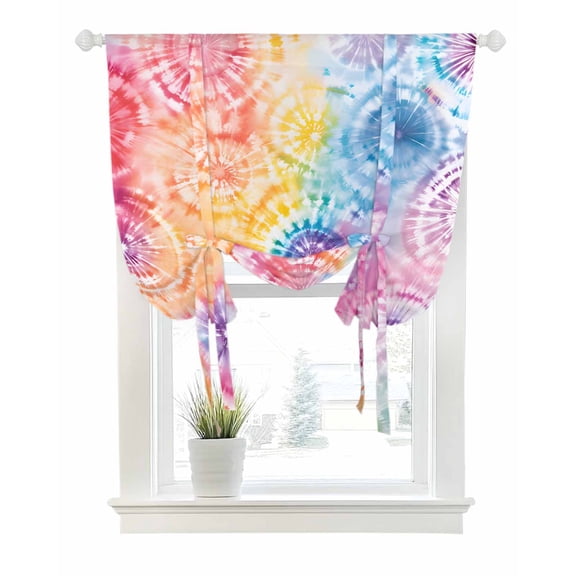 Colorful Tie Up Curtains for Window, Thermal Insulted Balloon Shade Adjustable Rod Pocket Curtains Valance Panels for Kitchen Bathroom Cafe 42 x 45 Ethnic Modern Abstract Geometric