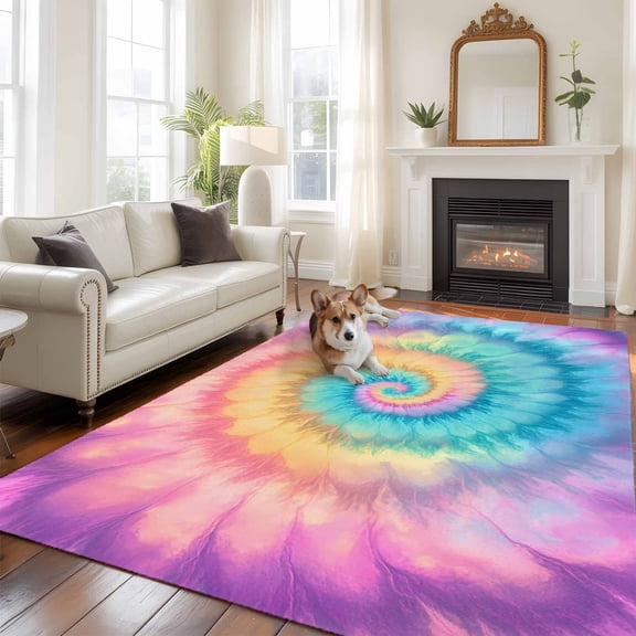 Colorful Tie Dye Area Rug 5x8 FT, Non Slip Bedroom Throw Carpet, Rainbow Ombre Abstract Pattern Art Washable Soft Floor Carpet Non-Shedding Rug for Living Room Nursery Dorm Office