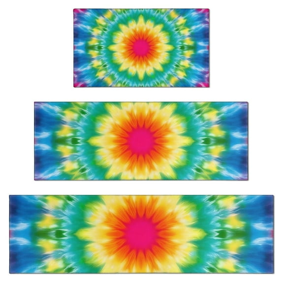 Colorful Tie Dye Blossom Pattern Kitchen Rugs Sets Of 3,Kitchen Runner Rugs Non Skid Washable,Decorative Kitchen Floor Mats for Kitchen,Sink,Laundry,17"x30"+ 17"x47" + 17"x59"