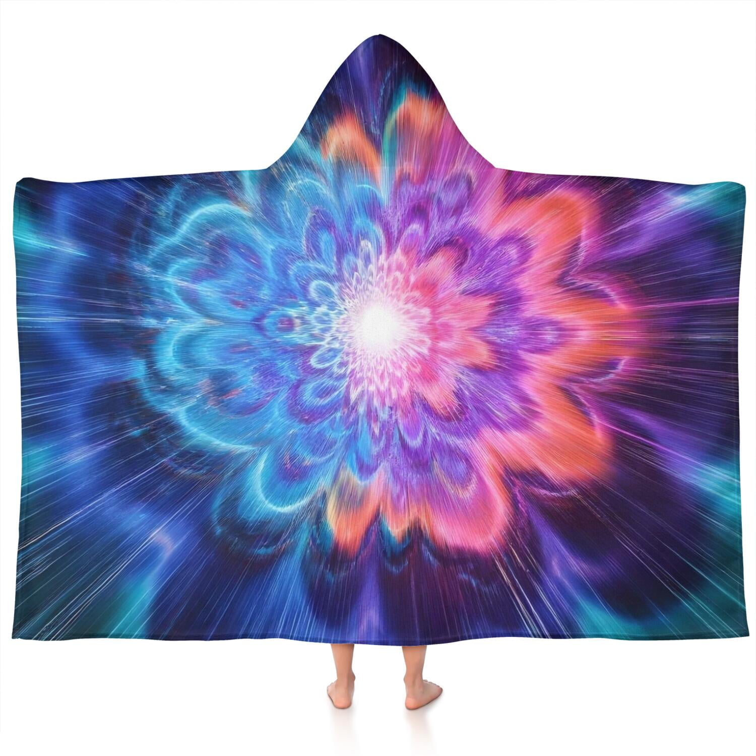 Colorful Tie Dye Burst Flower Pattern Hooded Bath Towel，60"x35" for Ages 3 To 12 Kids, Quick Dry Lightweight Soft Microfiber Hood Beach Towel Cover Up for Kids
