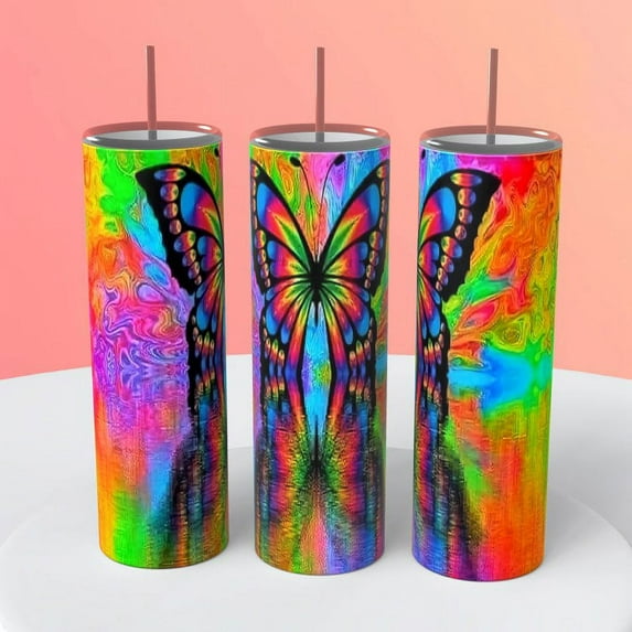 Colorful Tie Dye Butterfly 20 ounce insulated tumbler coffee cup hot cold