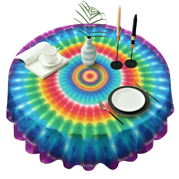 Colorful Tie Dye Circular Pattern Round Tablecloth 60"x60",Wrinkle Wipeable Table Cloth for Kitchen Dining Room Picnic Patio Party