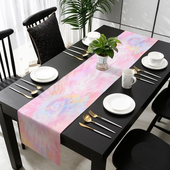 Colorful Tie-Dye, Cotton Linen Table Runner 18 x 72 inch Ombre Rainbow Gradient Swirl Aesthetic Art Non-slip Rectangular Dining Table Decor for Wedding Party Holiday Dinner