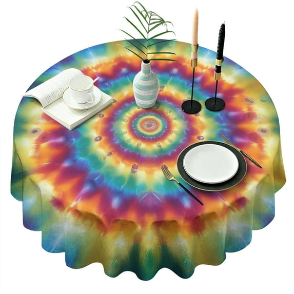 Colorful Tie Dye Dot Mandala Pattern Round Tablecloth 60"x60",Wrinkle Wipeable Table Cloth for Kitchen Dining Room Picnic Patio Party