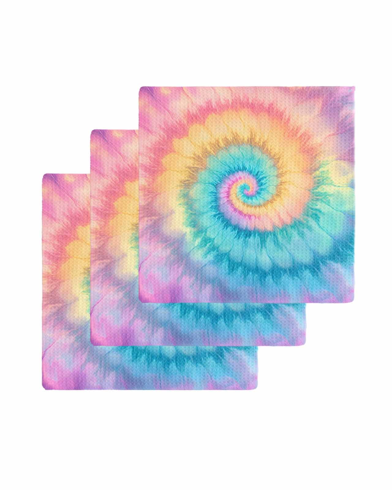 Colorful Tie Dye Kitchen Dish Towels for Drying Dishes Set of 3, Rainbow Ombre Abstract Pattern Art Waffle Weave Microfiber Terry Hand Tea Bathroom Towels Quick Dry & Absorbent Towel 12x12
