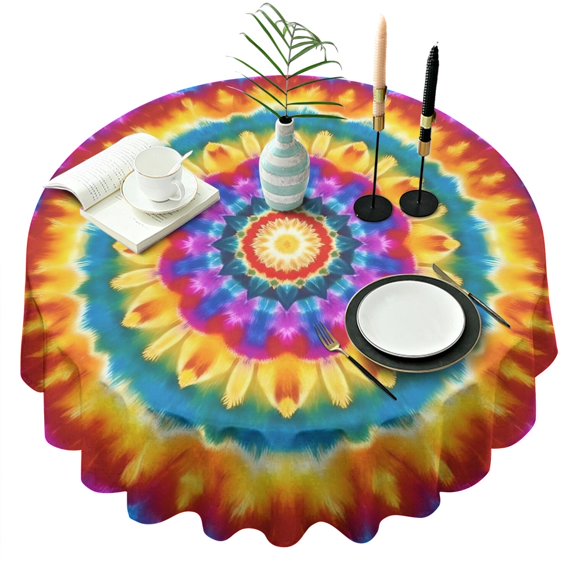 Colorful Tie Dye Layered Mandala Round Tablecloth 60"x60",Wrinkle Wipeable Table Cloth for Kitchen Dining Room Picnic Patio Party