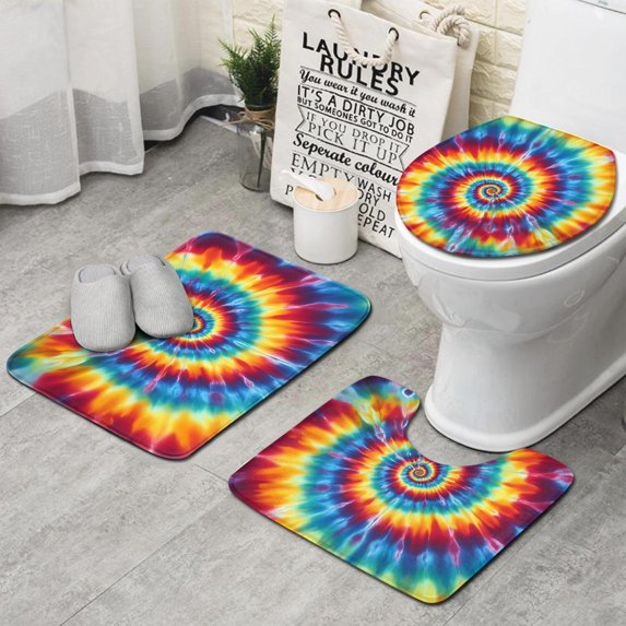 Colorful Tie Dye Mandala Pattern Bathroom Rugs Sets 3 Piece,Toilet Cover Set,Absorbent Non Slip Bathroom Mats Sets with U-Shaped Contour Rug Toilet Rug Set