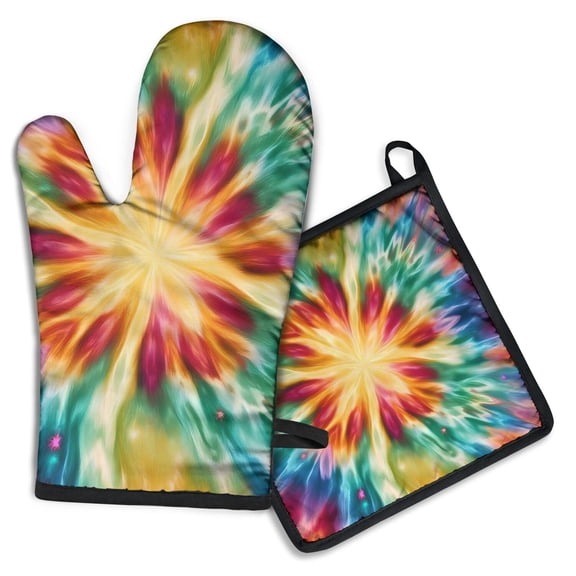 Colorful Tie Dye Mandala Pattern Kitchen Oven Mitt and Pot Holder Sets 2 Pcs for Baking, Cooking and Grilling, Heat Resistant Up To 392 °F