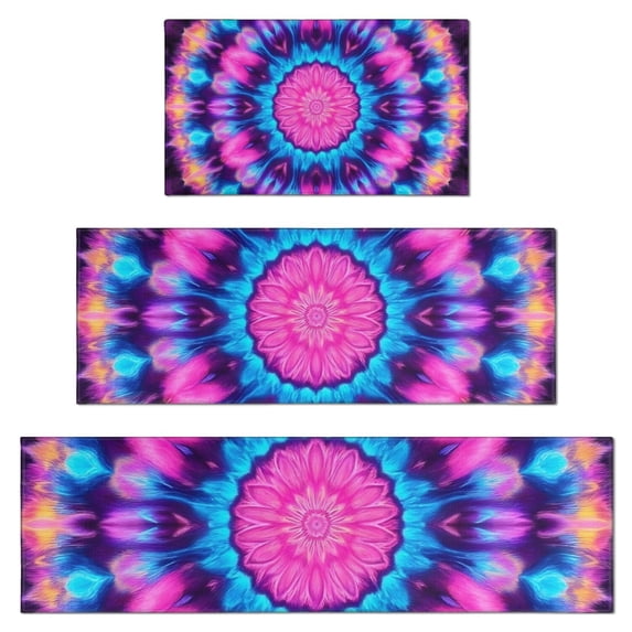 Colorful Tie Dye Mandala Pattern Kitchen Rugs Sets Of 3,Kitchen Runner Rugs Non Skid Washable,Decorative Kitchen Floor Mats for Kitchen,Sink,Laundry,17"x30"+ 17"x47" + 17"x59"