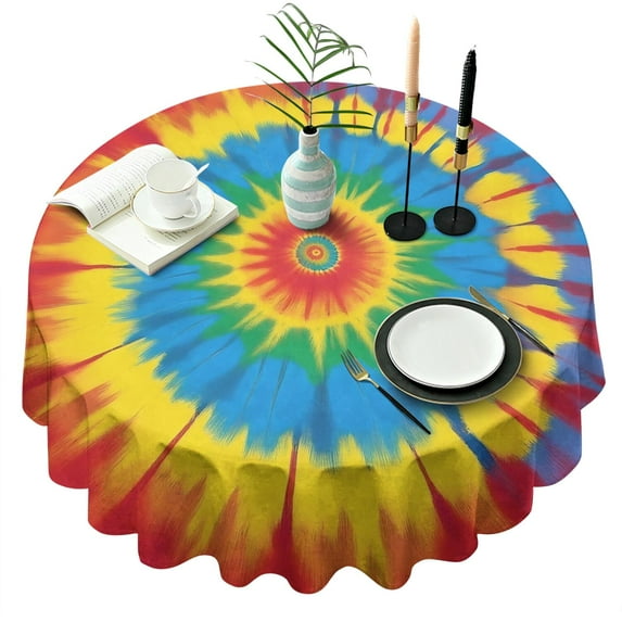 Colorful Tie Dye Mandala Pattern Round Tablecloth 60"x60",Wrinkle Wipeable Table Cloth for Kitchen Dining Room Picnic Patio Party