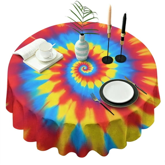 Colorful Tie Dye Mandala Pattern Round Tablecloth 60"x60",Wrinkle Wipeable Table Cloth for Kitchen Dining Room Picnic Patio Party