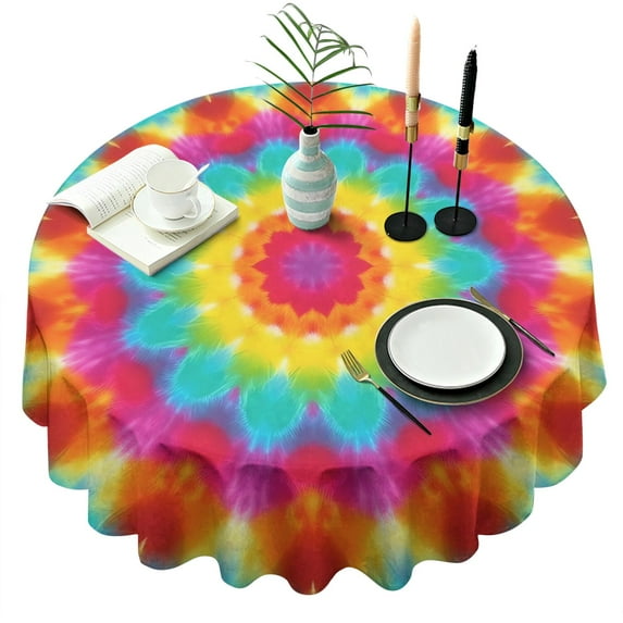 Colorful Tie Dye Mandala Pattern Round Tablecloth 60"x60",Wrinkle Wipeable Table Cloth for Kitchen Dining Room Picnic Patio Party