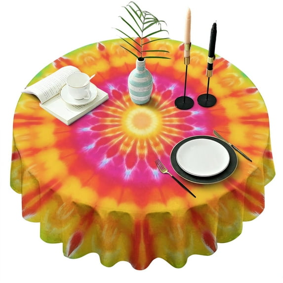 Colorful Tie Dye Mandala Pattern Round Tablecloth 60"x60",Wrinkle Wipeable Table Cloth for Kitchen Dining Room Picnic Patio Party