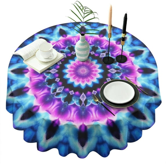 Colorful Tie Dye Mandala Pattern Round Tablecloth 60"x60",Wrinkle Wipeable Table Cloth for Kitchen Dining Room Picnic Patio Party