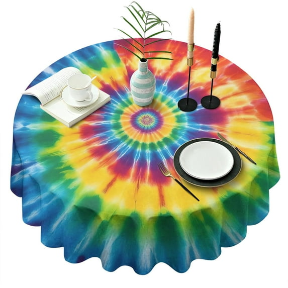 Colorful Tie Dye Mandala Pattern Round Tablecloth 60"x60",Wrinkle Wipeable Table Cloth for Kitchen Dining Room Picnic Patio Party