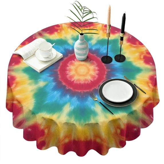 Colorful Tie Dye Mandala Pattern Round Tablecloth 60"x60",Wrinkle Wipeable Table Cloth for Kitchen Dining Room Picnic Patio Party