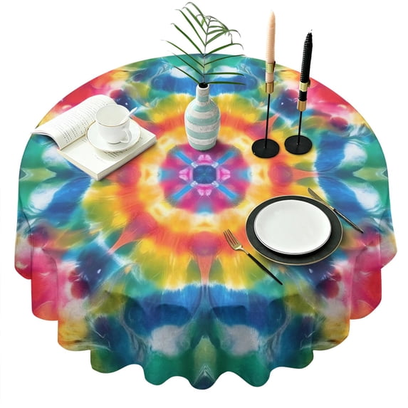 Colorful Tie Dye Mandala Pattern Round Tablecloth 60"x60",Wrinkle Wipeable Table Cloth for Kitchen Dining Room Picnic Patio Party