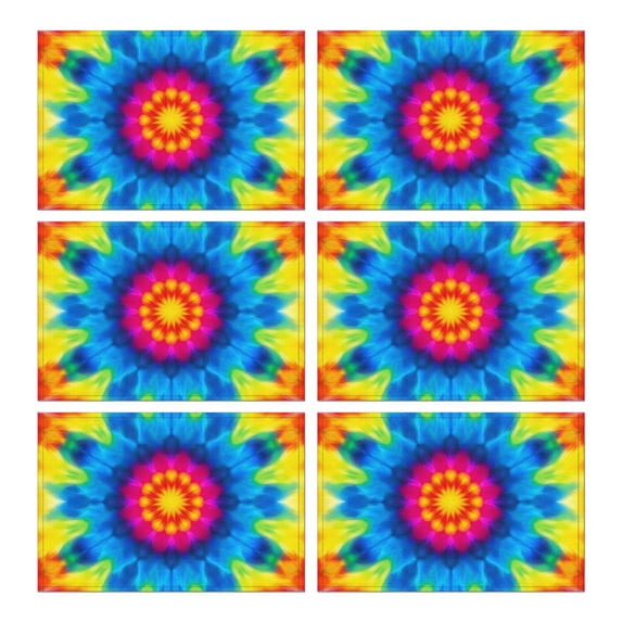 Colorful Tie Dye Mandala Pattern Summer Placemats Table Placemats Set Of 6-Linen Kitchen Washable Placemats Table Mats 11.8"x17.7" Non-Slip Heat Resistant