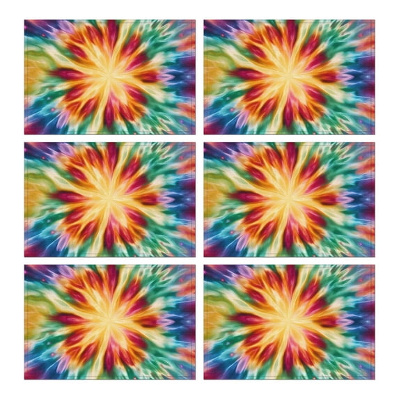 Colorful Tie Dye Mandala Pattern Summer Placemats Table Placemats Set Of 6-Linen Kitchen Washable Placemats Table Mats 11.8"x17.7" Non-Slip Heat Resistant